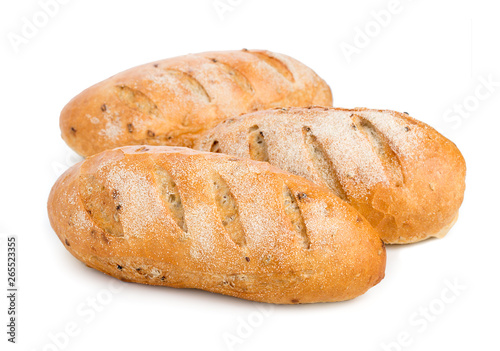 Set of three loaves, bread isolated on white background, close up.