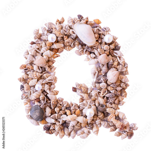 Letter Q made of tiny seashells. Isolated.