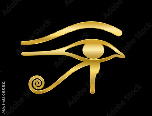 Golden Eye of Horus on black background. Ancient Egyptian goddess Wedjat symbol of protection, royal power and good health. Similar to Eye of Ra. photo