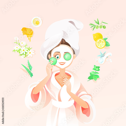 Young Beautiful Brunette Woman Using A Homemade Natural Face Mask with Slice of Cucumber. Girl in a Towel on Head Applying Natural Skin Care Products. Vector Illustration Healthy and Beautiful Face