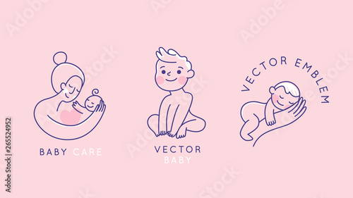 Vector logo design templates and emblems in simple line style - happy baby and mother