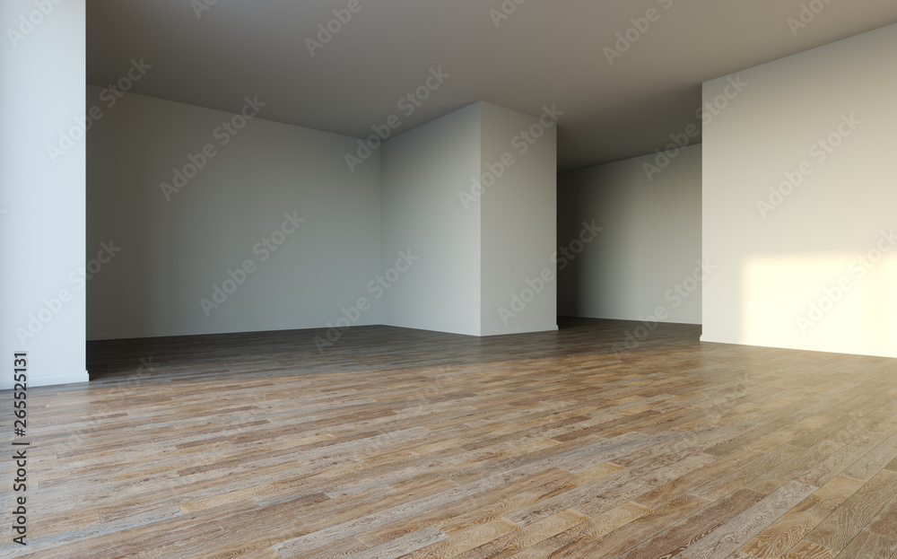 Obraz premium Empty white room with big window and sun light. 3D illustration.
