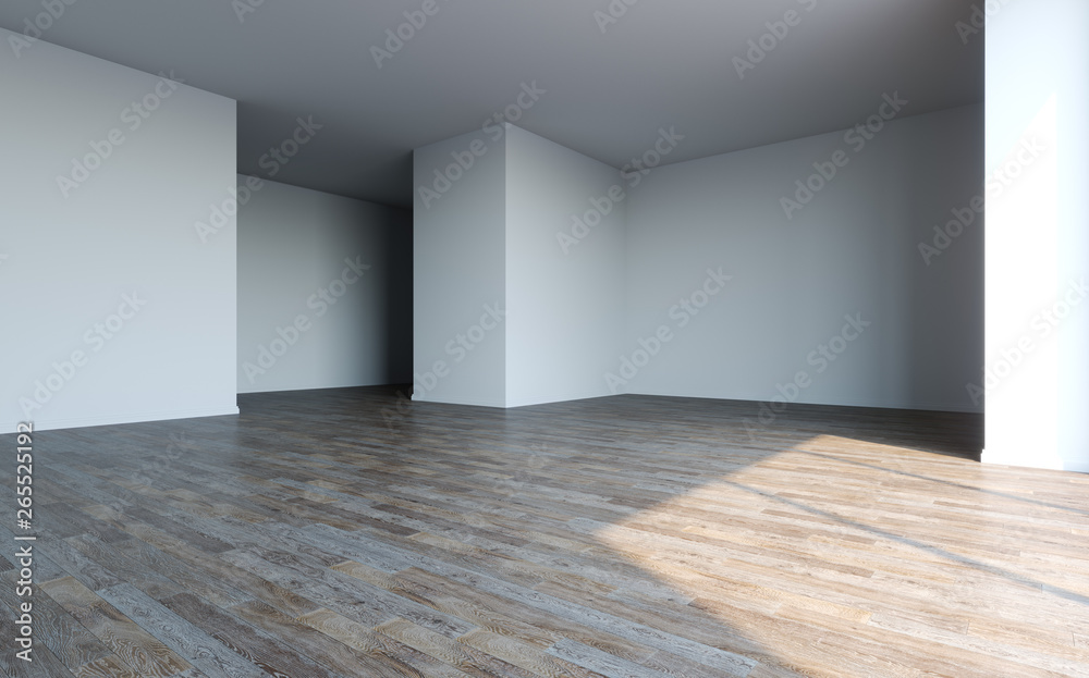 Empty white room with big window and sun light. 3D illustration.