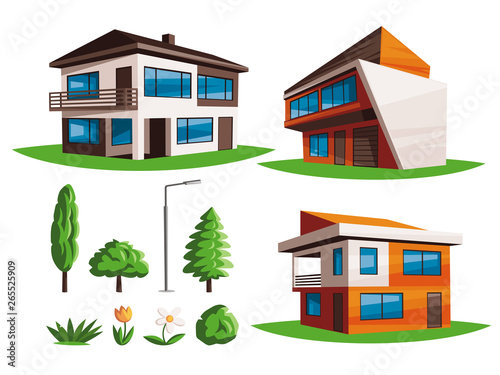 Vector set of houses and elements for landscape design. Illustration of houses, trees, plants and flowers.