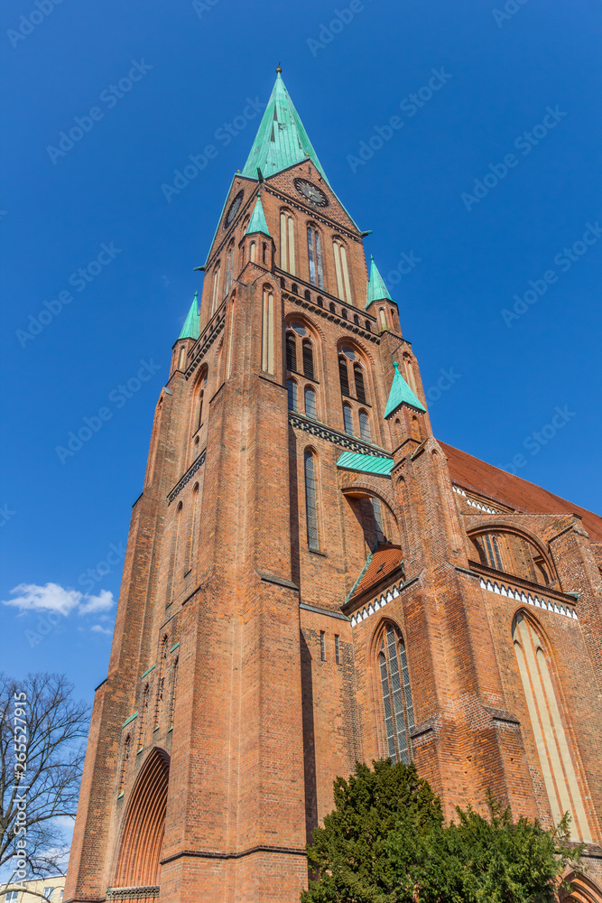 Tower of the historic Dom church in Schwerin, Germany