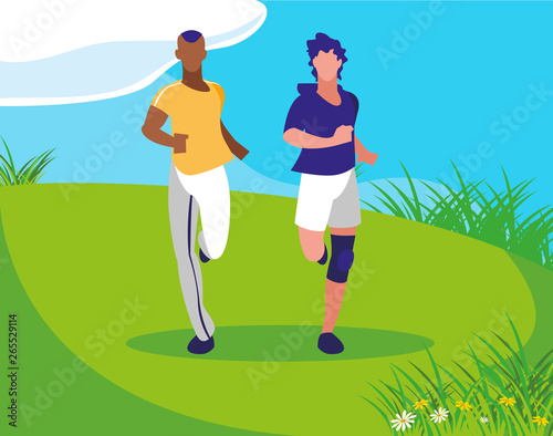 athletic interracial men running in the camp