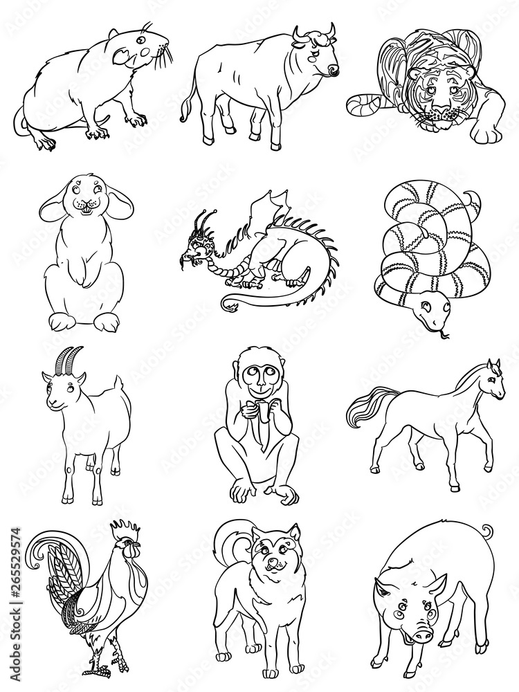 Obraz premium Twelve funny animals of the Chinese horoscope
