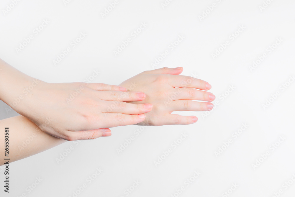 Woman hands isolated on white background.