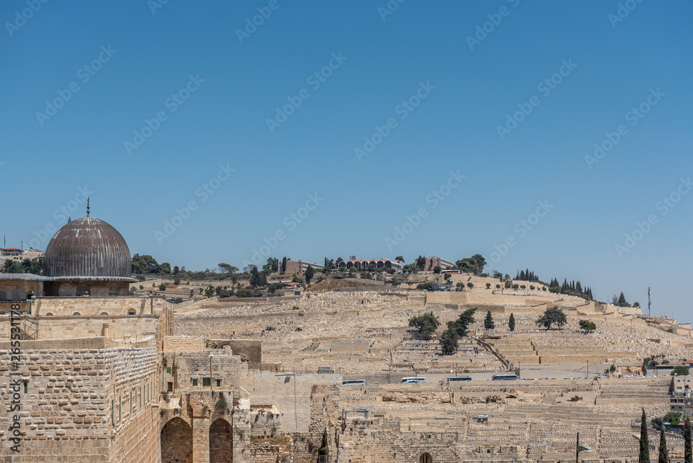Al Aqsa mosque and Mount of olives Jewish cemetery in the background, Jerusalem, Israel