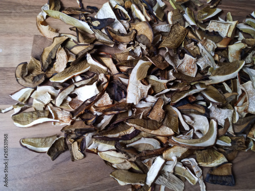 Dried mushrooms for food preparation and cooking, kitchen spices.