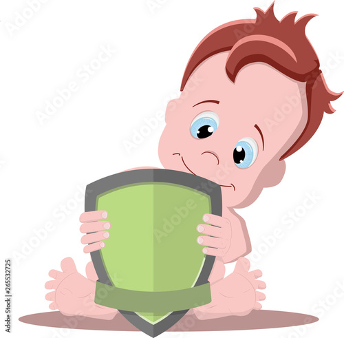 a child with blue eyes sits and holds a shield in his hands.