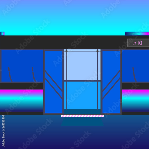 Flat editable vector illustration, clip art of public transport, metro, bus, train with open doors and wheelchair ramp, ramp. 