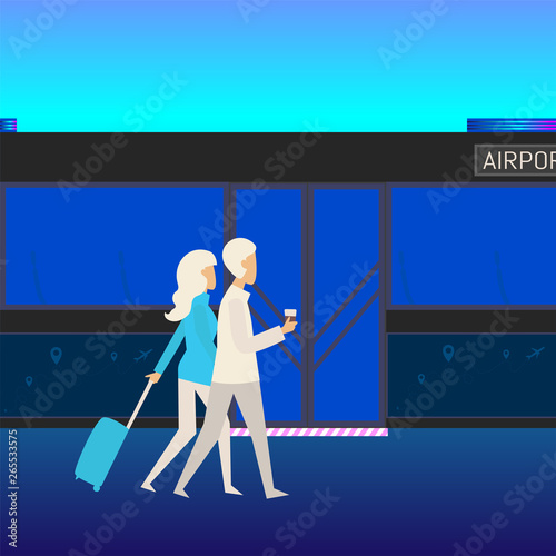 Flat editable vector illustration, clip art of public transport, metro, bus, train with closed doors and people man and woman. 