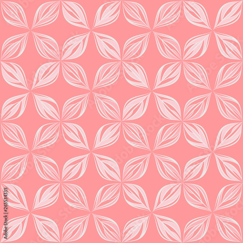 Seamless vector floral wallpaper with abstract leaves in pastel colors on pink background. Ornamental pattern with earsten motif