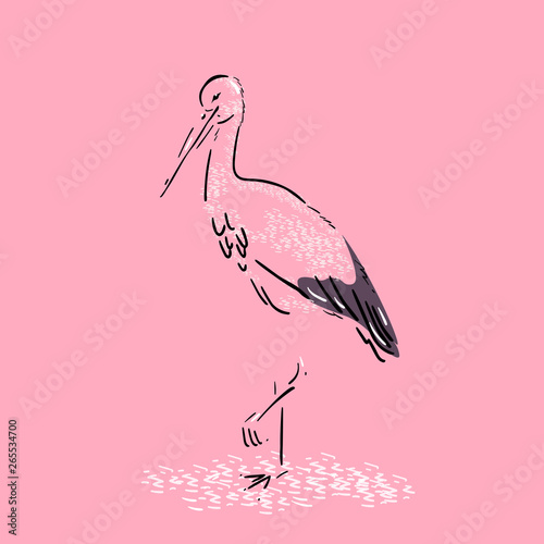Silhouette of a stork on a pink background.Wildlife,enviroment protection. Vector illustration, hand drawn,sketch.