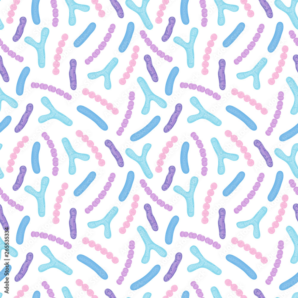 Seamless pattern with probiotics. Bifidobacterium, lactobacillus, streptococcus thermophilus, lactococcus, propionibacterium. Medicine or dietary supplements for gastrointestinal health. Vector, eps10 Seamless pattern with probiotics. Bifidobacterium, lactobacillus, streptococcus thermophilus, lactococcus, propionibacterium. Medicine or dietary supplements for gastrointestinal health. Vector, eps10