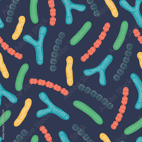 Seamless pattern with probiotics. Bifidobacterium, lactobacillus, streptococcus thermophilus, lactococcus, propionibacterium. Medicine or dietary supplements for gastrointestinal health. Vector, eps10