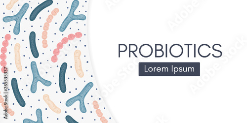 Probiotics. Bifidobacterium, lactobacillus, streptococcus thermophilus, lactococcus, propionibacterium. Medicine or dietary supplement for gastrointestinal health. Banner, header, landing page. Vector photo