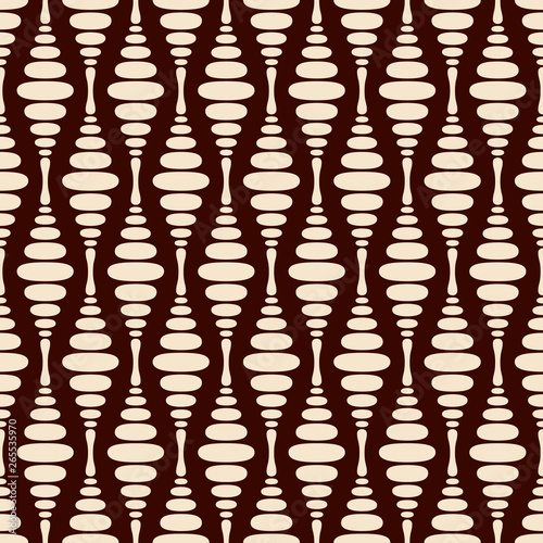 Abstract seamless pattern of regularly repeating smooth shapes on dark brown background.