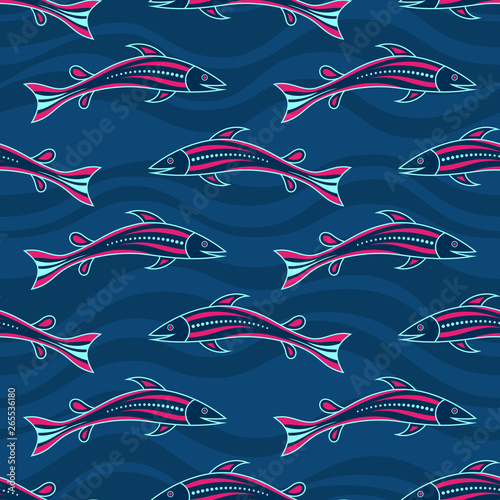 Seamless pattern of fishes silhouettes with abstract waves on background. Australian art.