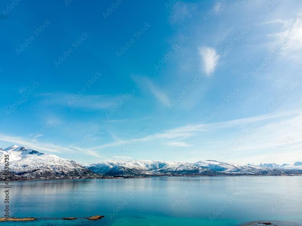 Fjord with blue sky in Lofoten, Norway