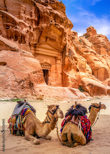 Sandstone temple and camels in Little Petra, ancient city of Petra, Jordan