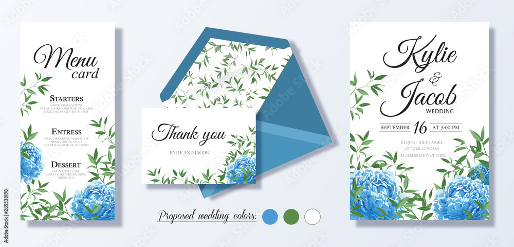 Wedding invite, personal menu, thank you, table number card design set with elegant blue peony flowers, natural branches, green leaves, herbs. Romantic rustic set. Vector decorative elegant. 