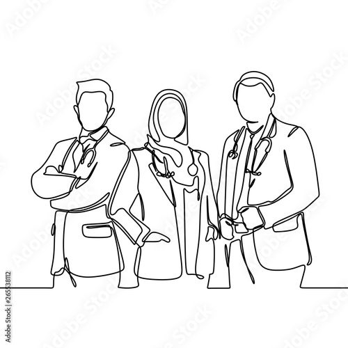 Three doctors one continuous line drawing standing with medicinal tools isolated on white background
