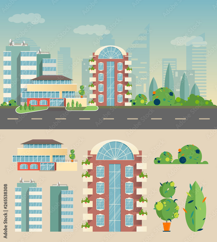 city red house, shrubs and trees in flat style