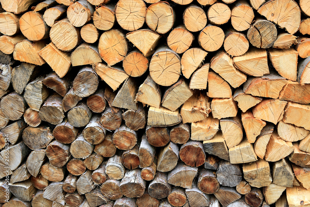 Firewood pile stacked chopped wood trunks Firewood pile stacked chopped wood trunks