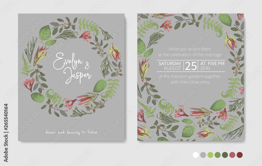 Naklejka premium Green vector wreath frame flowers and leaves.Branches, brunia, eucalyptus, leucadendron, gaultheria, salal, jatropha. Botanical green on graybackground. For wedding, semicircular