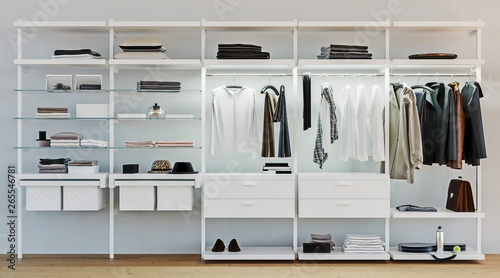 modern wooden and metal wardrobe with men clothes hanging on rail in walk in closet design interior, 3d rendering