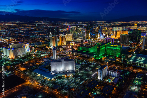 Aerial view of Las Vegas cityscape lit up at night, Las Vegas, Nevada, United States