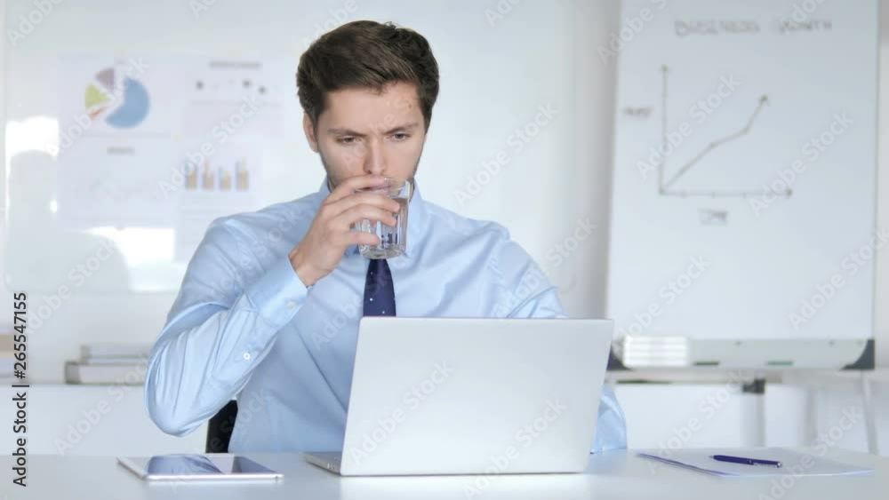 Young Businessman Drinking Water while Working on Laptop