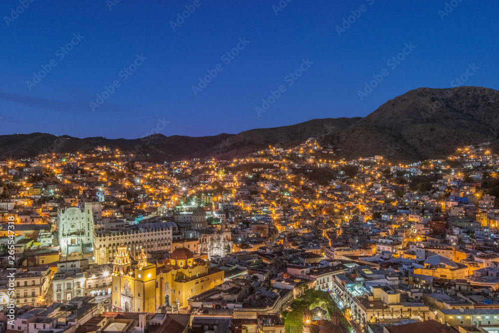 Aerial view of Guanajuato cityscape lit up at night, Guanajuato, Mexico Aerial view of Guanajuato cityscape lit up at night, Guanajuato, Mexico