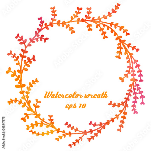 Vector watercolor hand drawn wreath with branches and leaves, different shades of orange and pink.