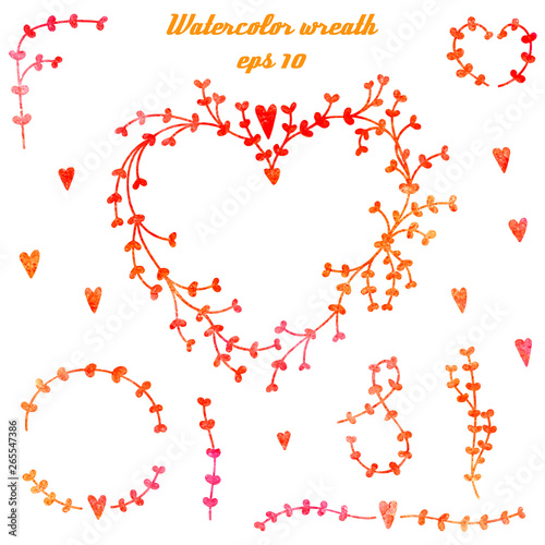 Vector set of hand drawn watercolor elements for wedding invitations and valentine's day cards - hearts, twigs, branches, borders, frames, etc.