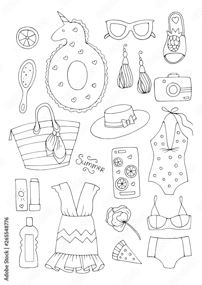 JPEG drawn set icons, signs summer fashion beachwear and accessories. Collection Summer elements for summer holiday and party. Set collection for design card and print on t-shirt Coloring page 
