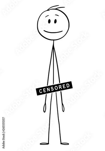 Cartoon stick figure drawing conceptual illustration of naked or nude man with groin, crotch, genitalia or penis covered by censored bar or sign. Metaphor of nudity control.
