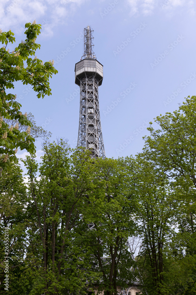 Obraz premium Spring View on the Petrin Watchtower on Prague Hill Petrin, reduced Replica of Eiffel Tower, Czech Republic