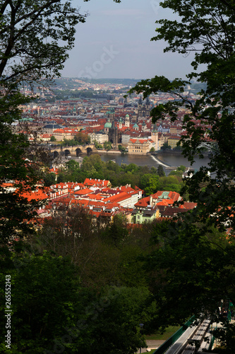 Spring Prague City with Charles Bridge and green Nature with flowering Trees from the Hill Petrin, Czech Republic