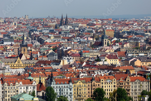 Spring Prague City with green Nature and flowering Trees from the Hill Petrin, Czech Republic