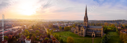 Aerial view of Salisbury cathedral in the spring morning photo