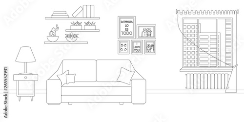 Vector Line Illustration of Interior of Living Room with Furniture. Whire and Black Outline Sketch of Home Related. Phrase in Spanish in Illustration means that family is everything