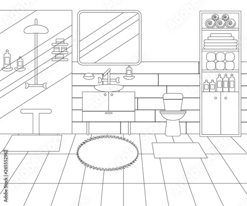 Vector Line Illustration of Interior of Bathroom with Furniture and Toilet. Whire and Black Outline Sketch of Home Related. Vector Design in Line Art Style. Design of Modern Interior of Bathroom