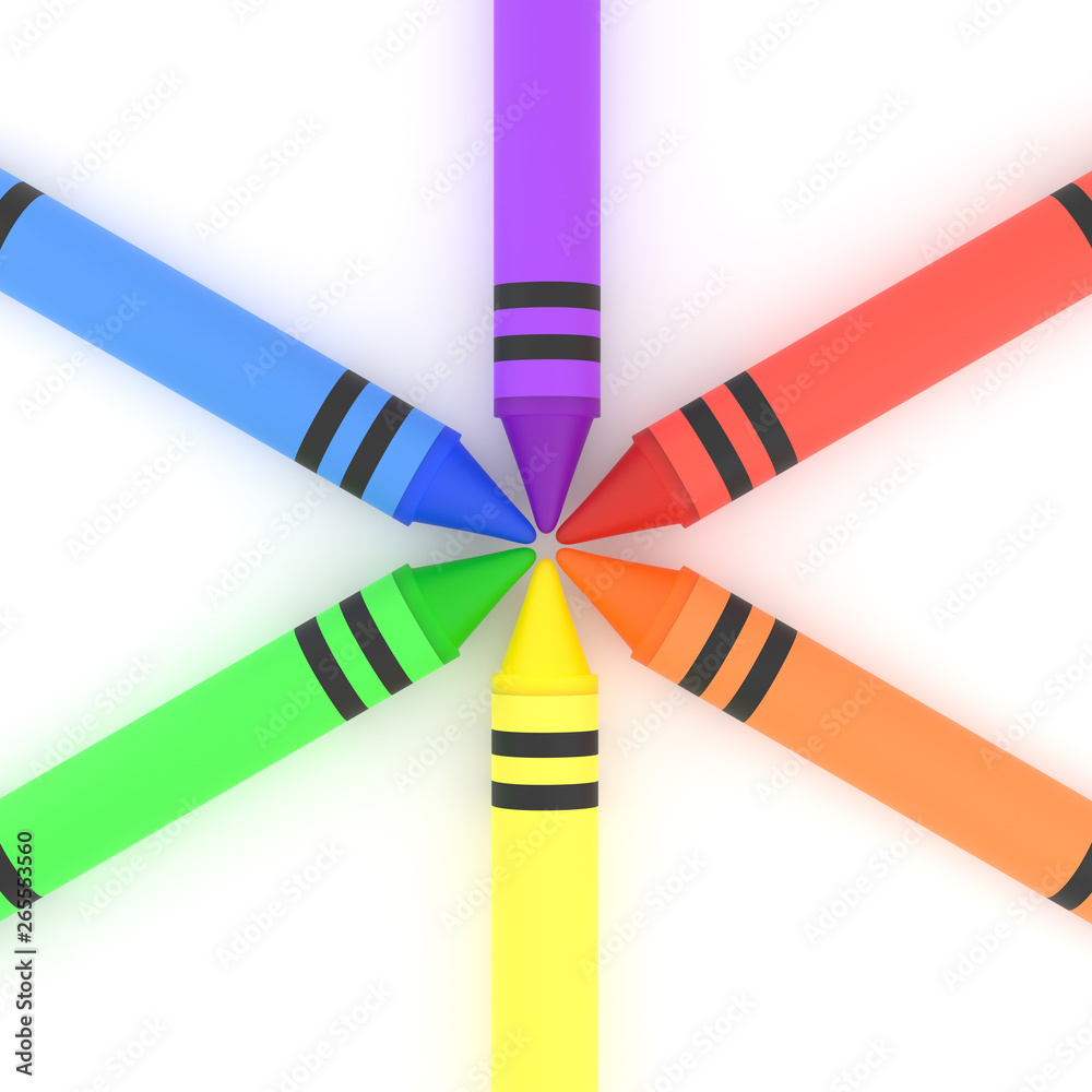 Rainbow crayons in circle isolated on white background 3D illustration Rainbow crayons in circle isolated on white background 3D illustration