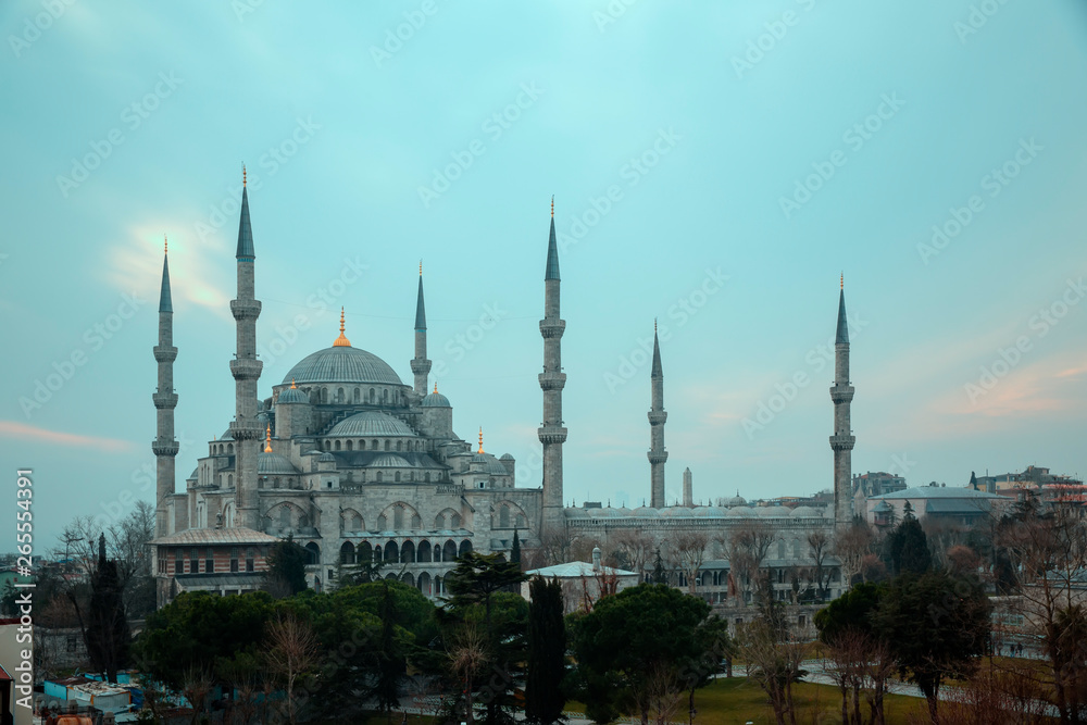 Istanbul, Turkey. Sultan Ahmet Camii named Blue Mosque turkish islamic landmark with six minarets, main attraction of the city.
