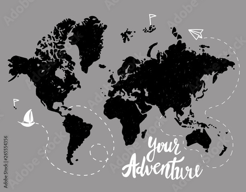Your adventure. Drawing by hand, children's drawing.Bright, colorful drawing. World map, geographical map. Airplane, ship, route. Spots of color. Poster, postcard, print on the T-shirt.
