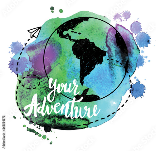 Your adventure. Drawing by hand, children's drawing.Bright, colorful drawing. World map, geographical map. Airplane, ship, route. Spots of color. Poster, postcard, print on the T-shirt.