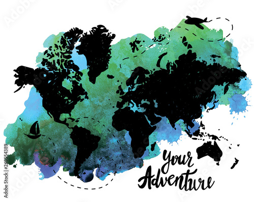 Your adventure. Drawing by hand, children's drawing.Bright, colorful drawing. World map, geographical map. Airplane, ship, route. Spots of color. Poster, postcard, print on the T-shirt.